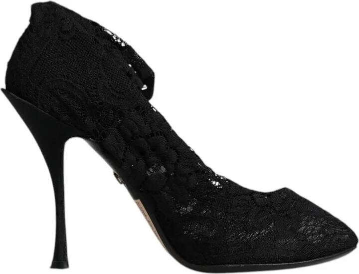 Black Lace Stretch Heels Mid Calf Boots Women's Shoes (Pre-Owned)