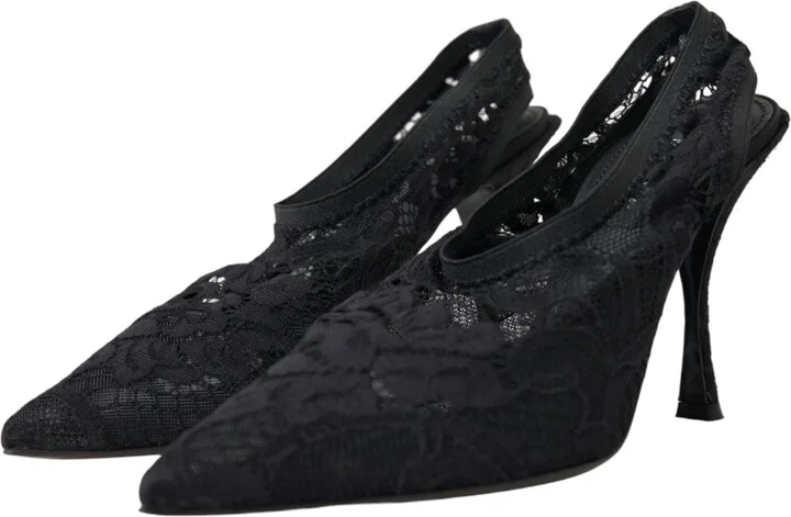 Black Lace Stretch Heels Slingbacks Women's Shoes (Pre-Owned) - Image 3