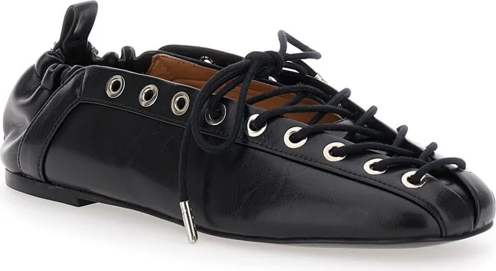 Black Lace-up Ballerinas With Metal Eyelets And Elasticized Ankle In Eco-leather Woman - Image 2