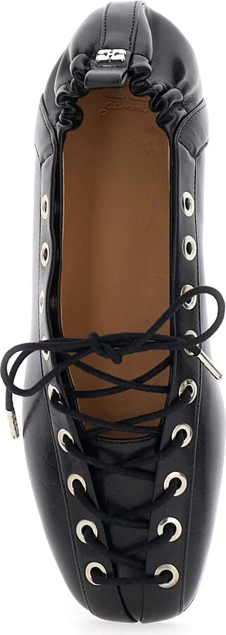 Black Lace-up Ballerinas With Metal Eyelets And Elasticized Ankle In Eco-leather Woman - Image 4