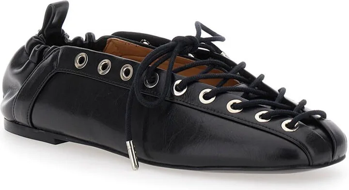 Black Lace-Up Ballerinas With Metal Eyelets And Elasticized Ankle In Eco-Leather Woman - Image 2