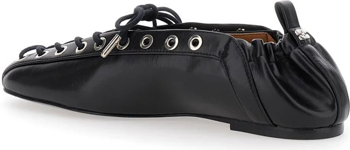 Black Lace-Up Ballerinas With Metal Eyelets And Elasticized Ankle In Eco-Leather Woman - Image 3