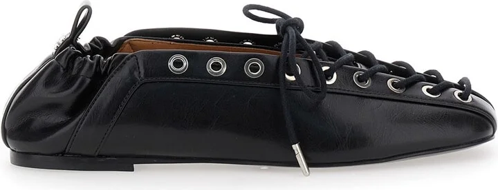 Black Lace-up Ballerinas With Metal Eyelets And Elasticized Ankle In Eco-leather Woman