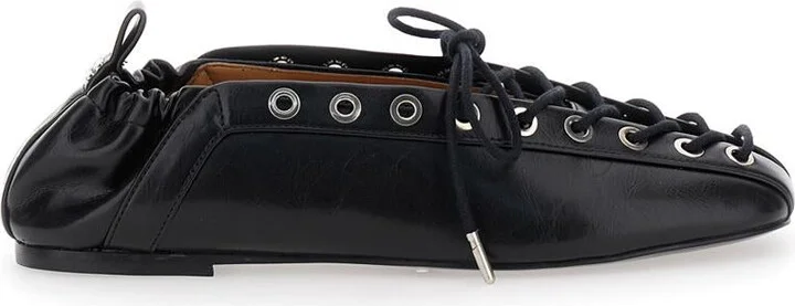 Black Lace-Up Ballerinas With Metal Eyelets And Elasticized Ankle In Eco-Leather Woman