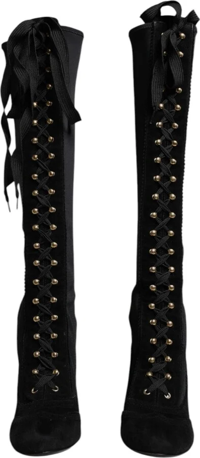 Black Lace Up Heels High Boots Women's Shoes - Image 2