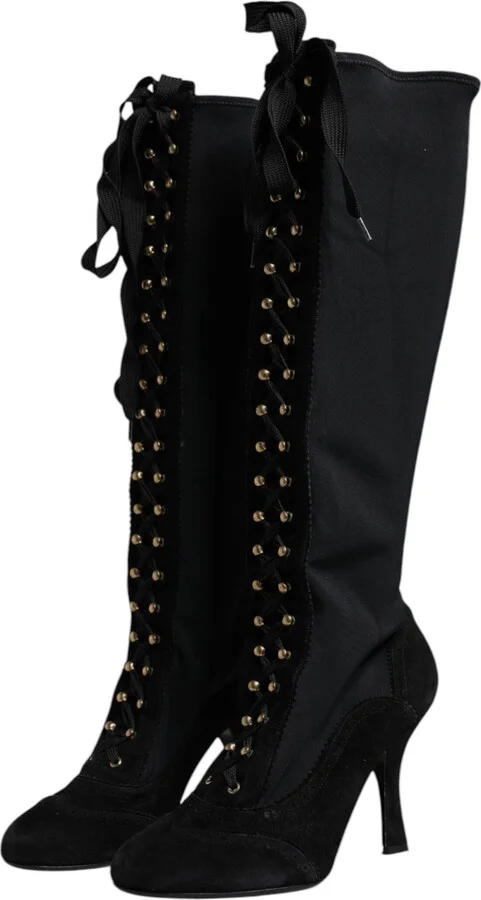 Black Lace Up Heels High Boots Women's Shoes - Image 3