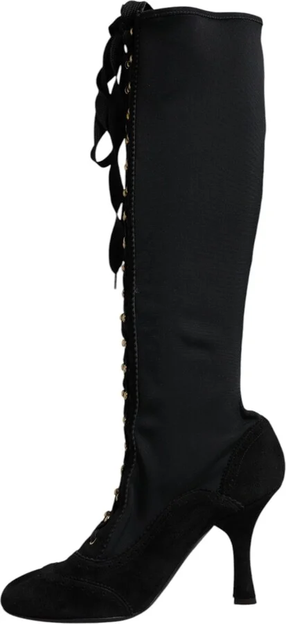 Black Lace Up Heels High Boots Women's Shoes - Image 5