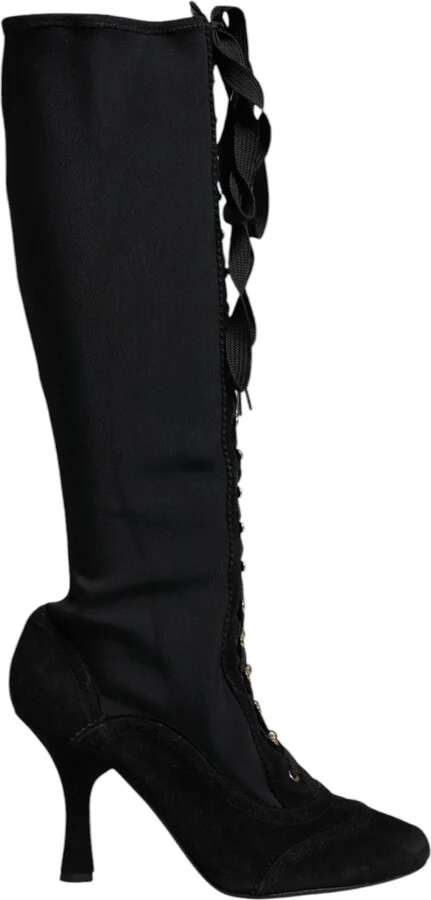 Black Lace Up Heels High Boots Women's Shoes