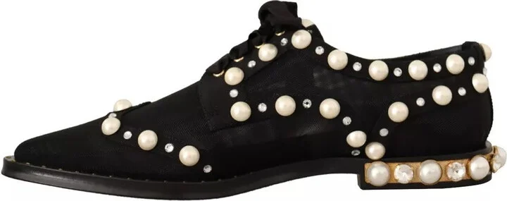 Black Lace Up Jewelled Formal Flats Women's Shoes (Pre-Owned) - Image 4