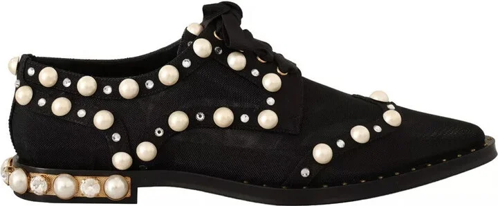 Black Lace Up Jewelled Formal Flats Women's Shoes (Pre-Owned)