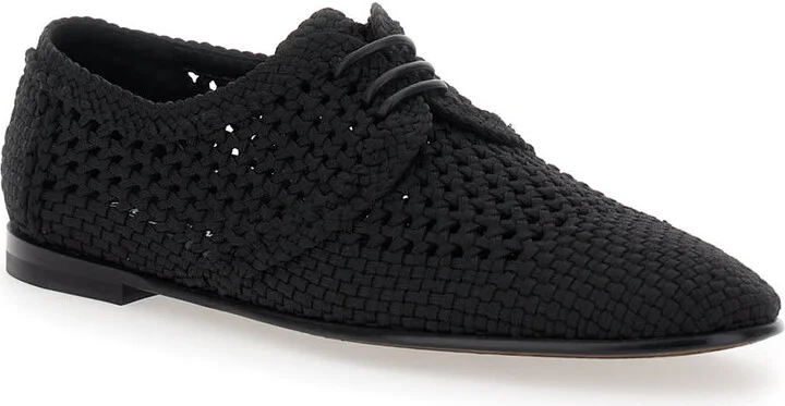 Black Lace-up Shoes With Woven Design In Fabric Man - Image 2