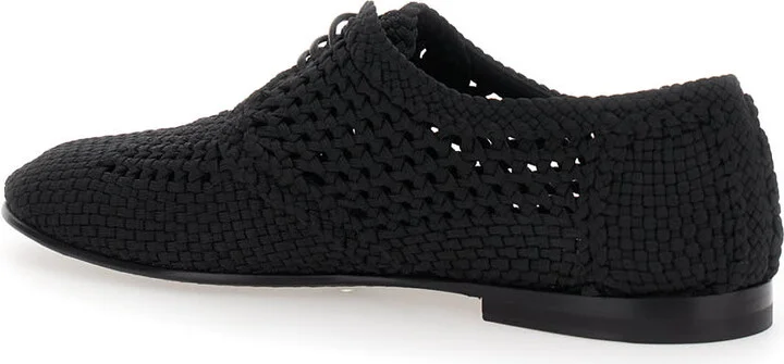 Black Lace-up Shoes With Woven Design In Fabric Man - Image 3