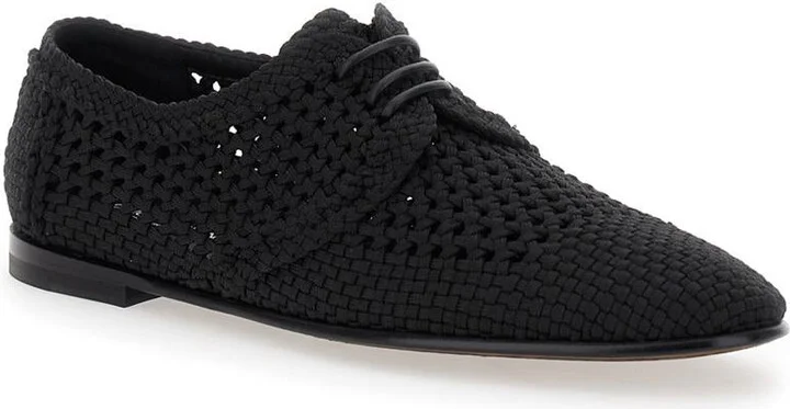 Black Lace-Up Shoes With Woven Design In Fabric Man - Image 2