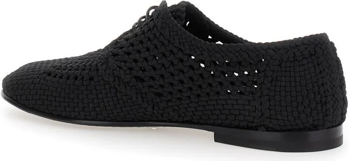 Black Lace-Up Shoes With Woven Design In Fabric Man - Image 3