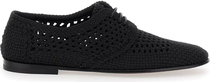 Black Lace-up Shoes With Woven Design In Fabric Man