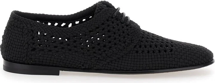 Black Lace-Up Shoes With Woven Design In Fabric Man