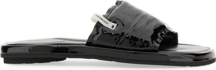 Black Lamb Leather Slide Sandal With Glossy Finish