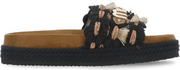 Black Leather And Fabric Sandals