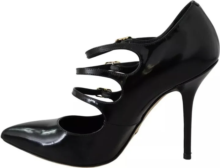 Black Leather Ankle Strap Heels Pumps Women's Shoes (Pre-Owned) - Image 3