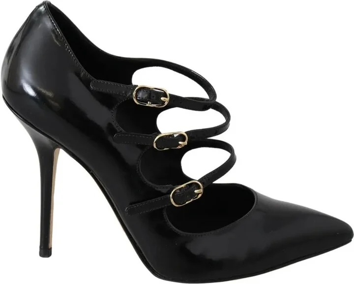 Black Leather Ankle Strap Heels Pumps Women's Shoes (Pre-Owned)