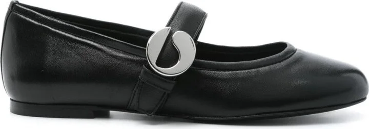 Black Leather Ballerina Flats With Strap