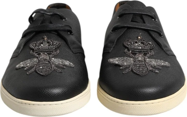 Black Leather Bee Crown Low Top Sneakers Men's Shoes - Image 2