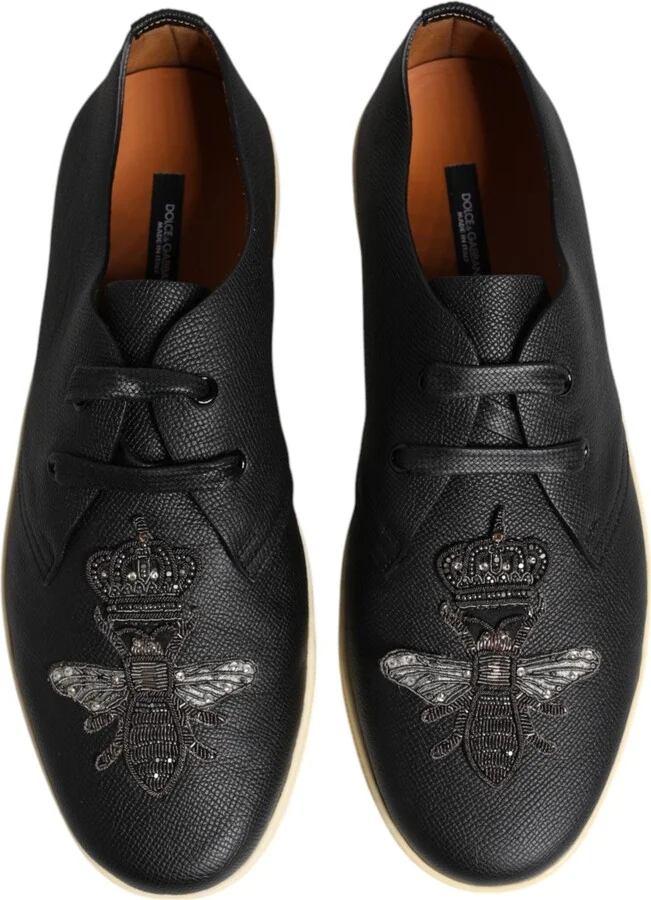 Black Leather Bee Crown Low Top Sneakers Men's Shoes - Image 3