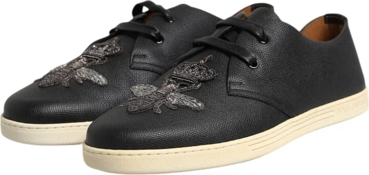 Black Leather Bee Crown Low Top Sneakers Men's Shoes - Image 4
