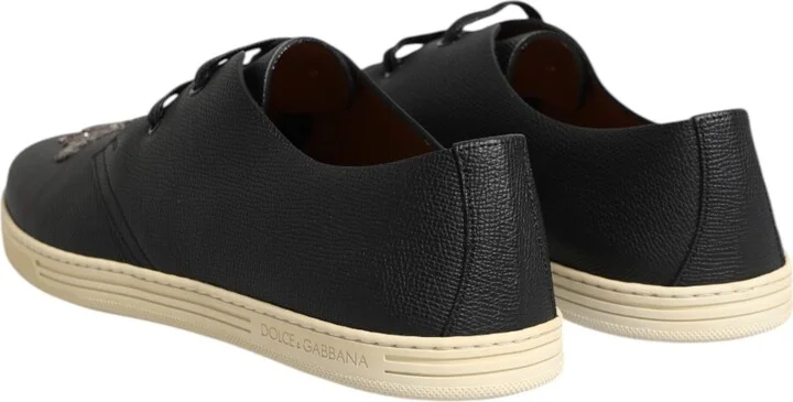 Black Leather Bee Crown Low Top Sneakers Men's Shoes - Image 5
