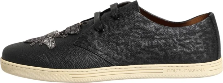 Black Leather Bee Crown Low Top Sneakers Men's Shoes - Image 6