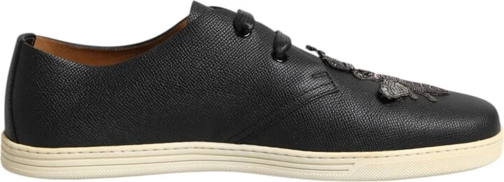 Black Leather Bee Crown Low Top Sneakers Men's Shoes