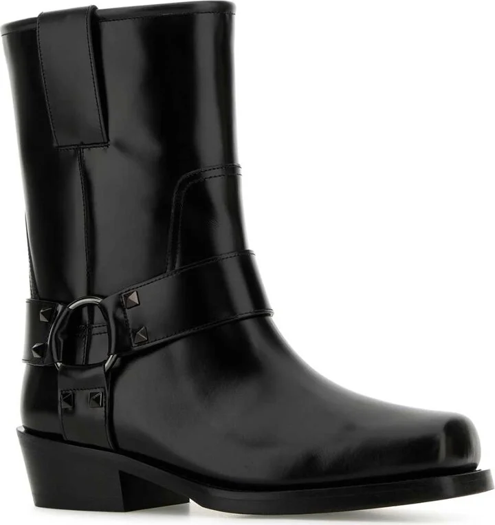 Black Leather Biker Rockstud Ankle Boots - Image 2