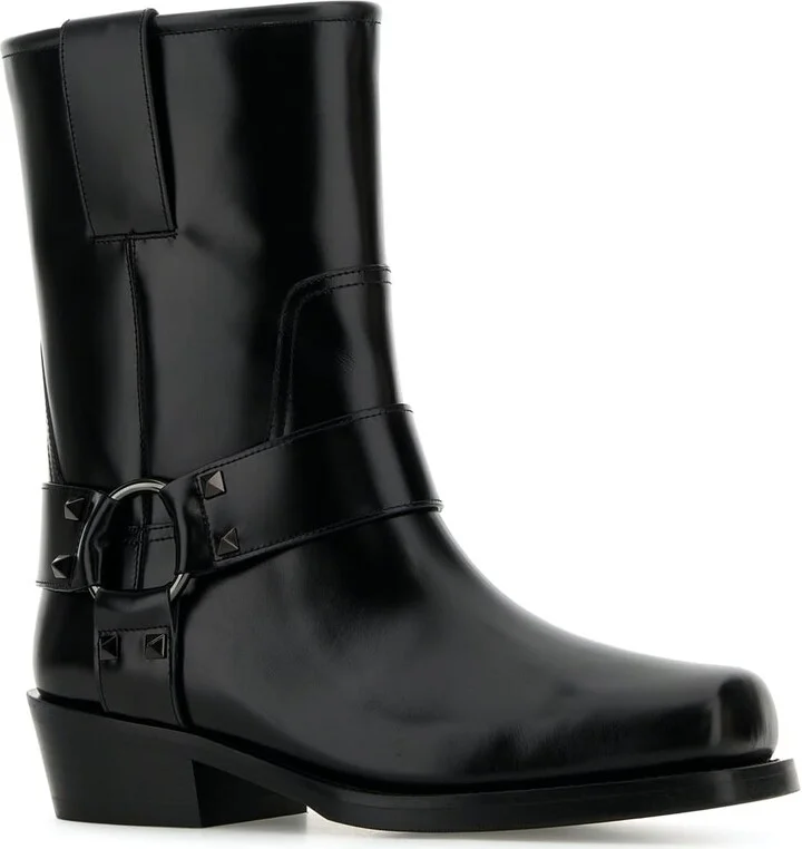 Black Leather Biker Rockstud Ankle Boots - Image 2