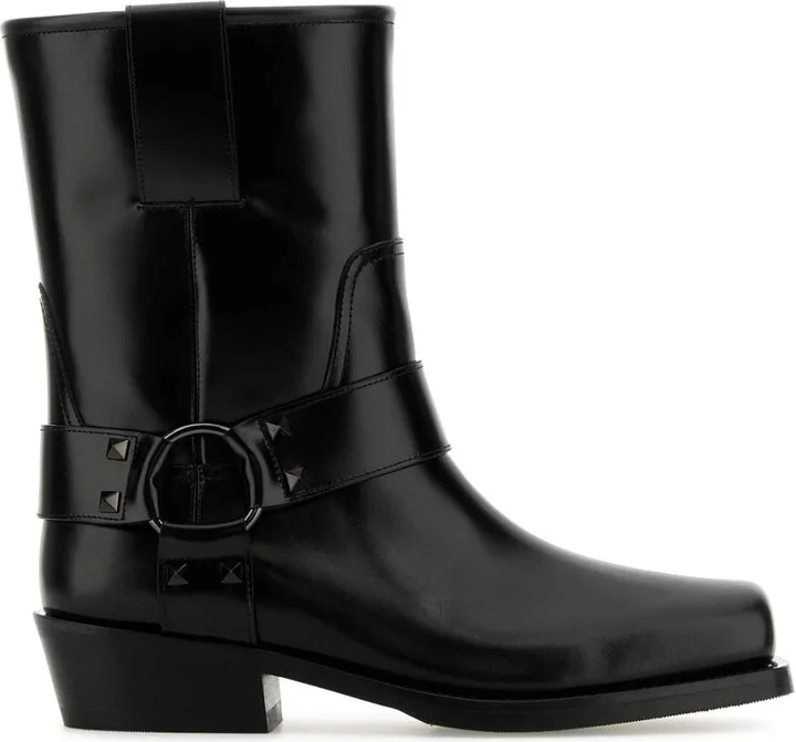 Black Leather Biker Rockstud Ankle Boots