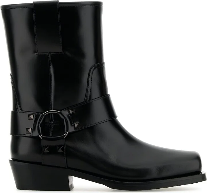 Black Leather Biker Rockstud Ankle Boots