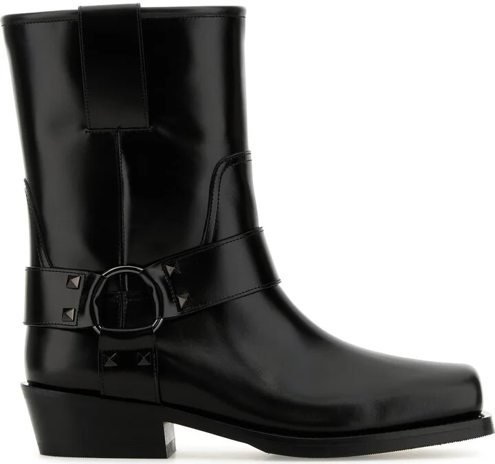 Black leather Biker Rockstud ankle boots