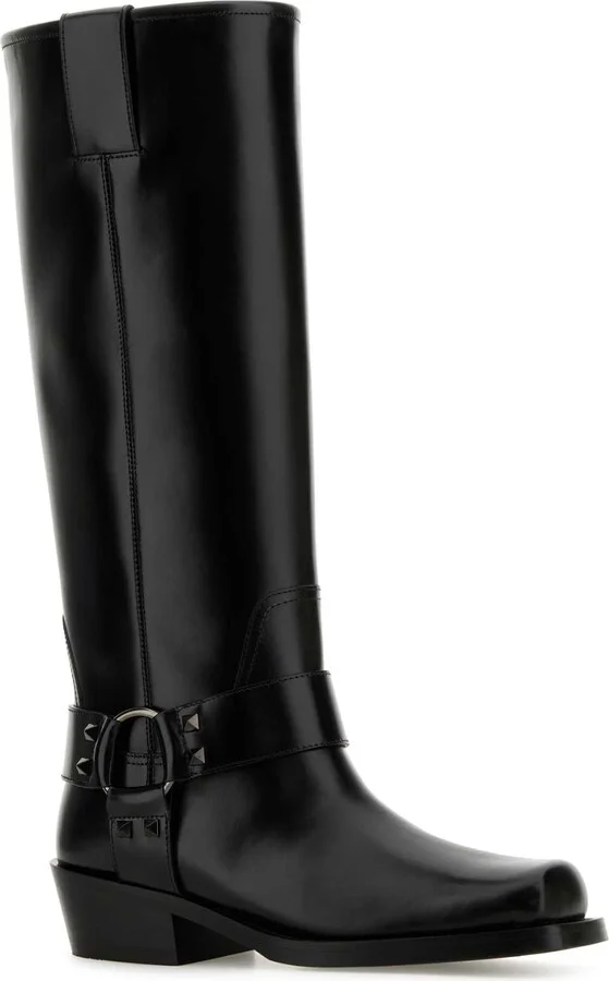 Black Leather Biker Rockstud Boots - Image 2