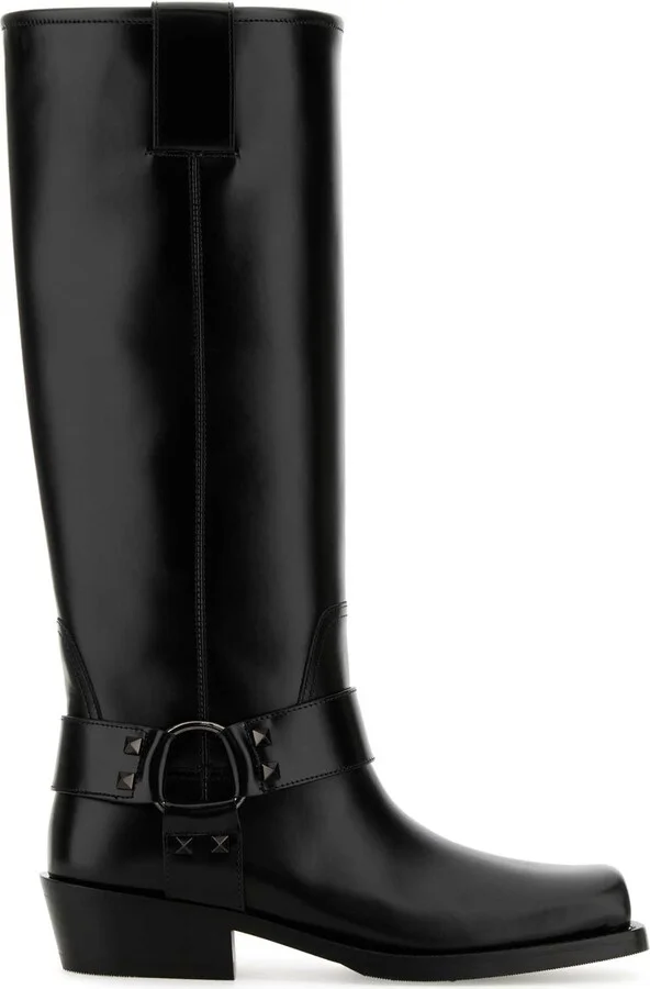 Black Leather Biker Rockstud Boots