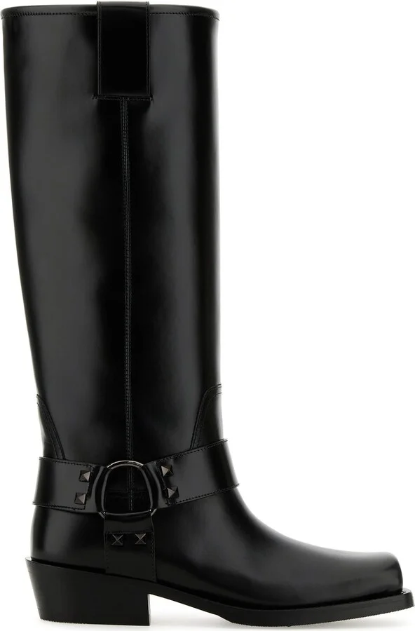 Black leather Biker Rockstud boots