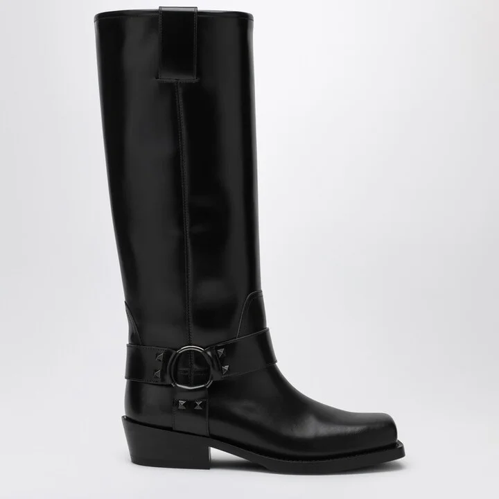 Black leather Biker Rockstud high boot