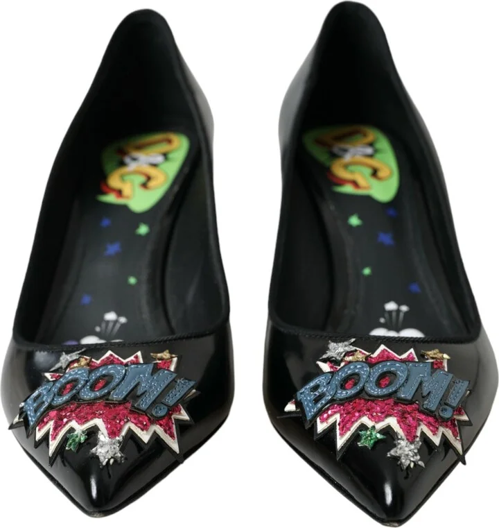 Black Leather BOOM Patch Heels Pumps Women's Shoes - Image 2