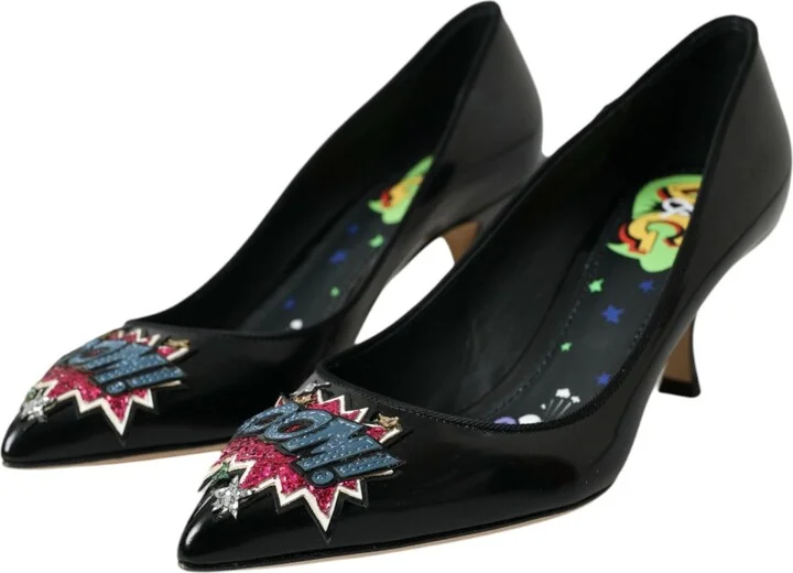Black Leather BOOM Patch Heels Pumps Women's Shoes - Image 3