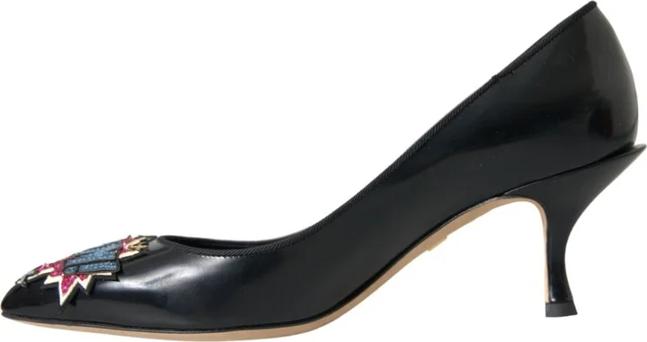 Black Leather BOOM Patch Heels Pumps Women's Shoes - Image 5