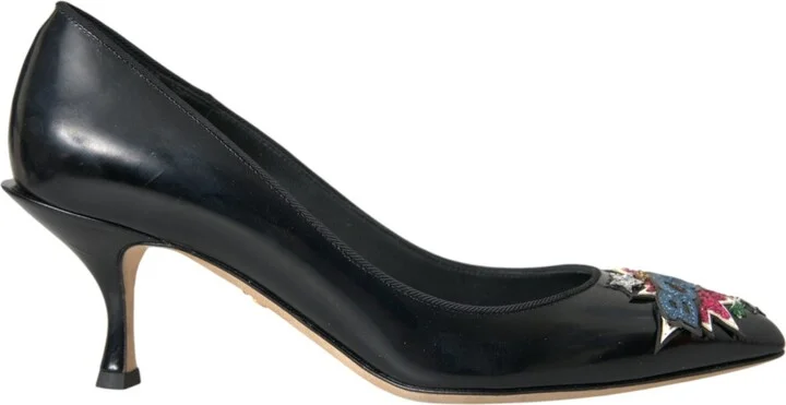 Black Leather BOOM Patch Heels Pumps Women's Shoes