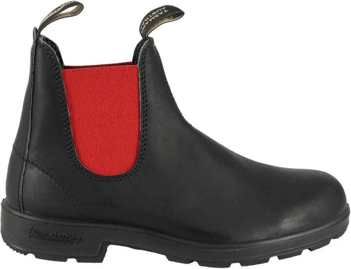Black Leather Boot With Contrasting Red Elastic Strap