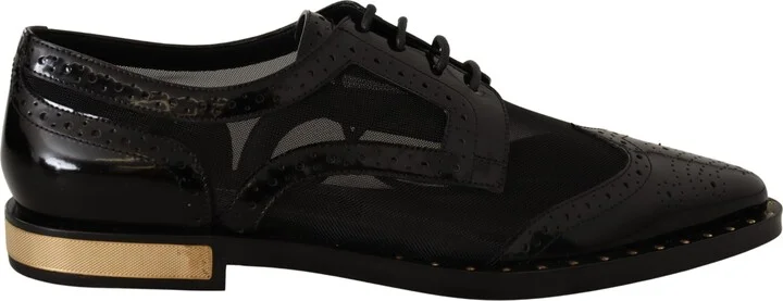 Black Leather Broques Sheer Wingtip Women's Shoes