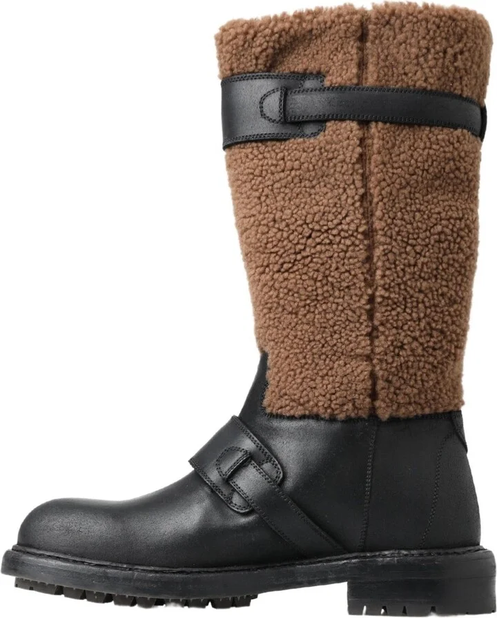 Black Leather Brown Shearling Men's Boots - Image 2