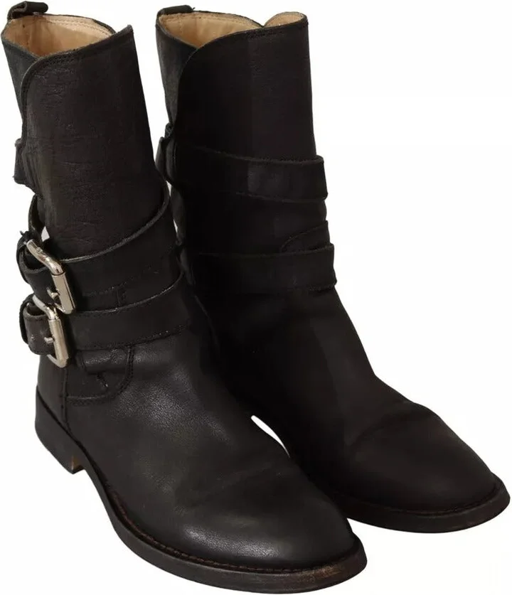 Black Leather Buckle Mid Calf Boots Women's Shoes (Pre-Owned) - Image 2