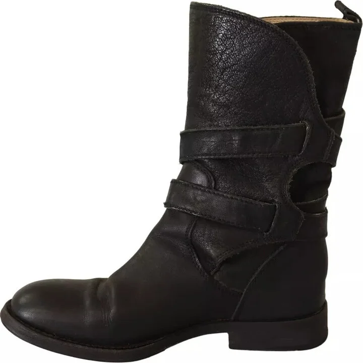 Black Leather Buckle Mid Calf Boots Women's Shoes (Pre-Owned) - Image 3