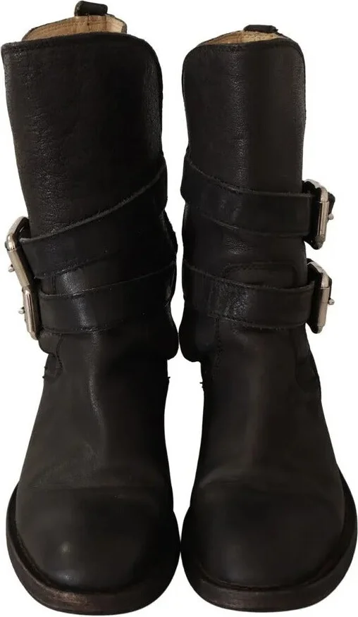Black Leather Buckle Mid Calf Boots Women's Shoes (Pre-Owned) - Image 4